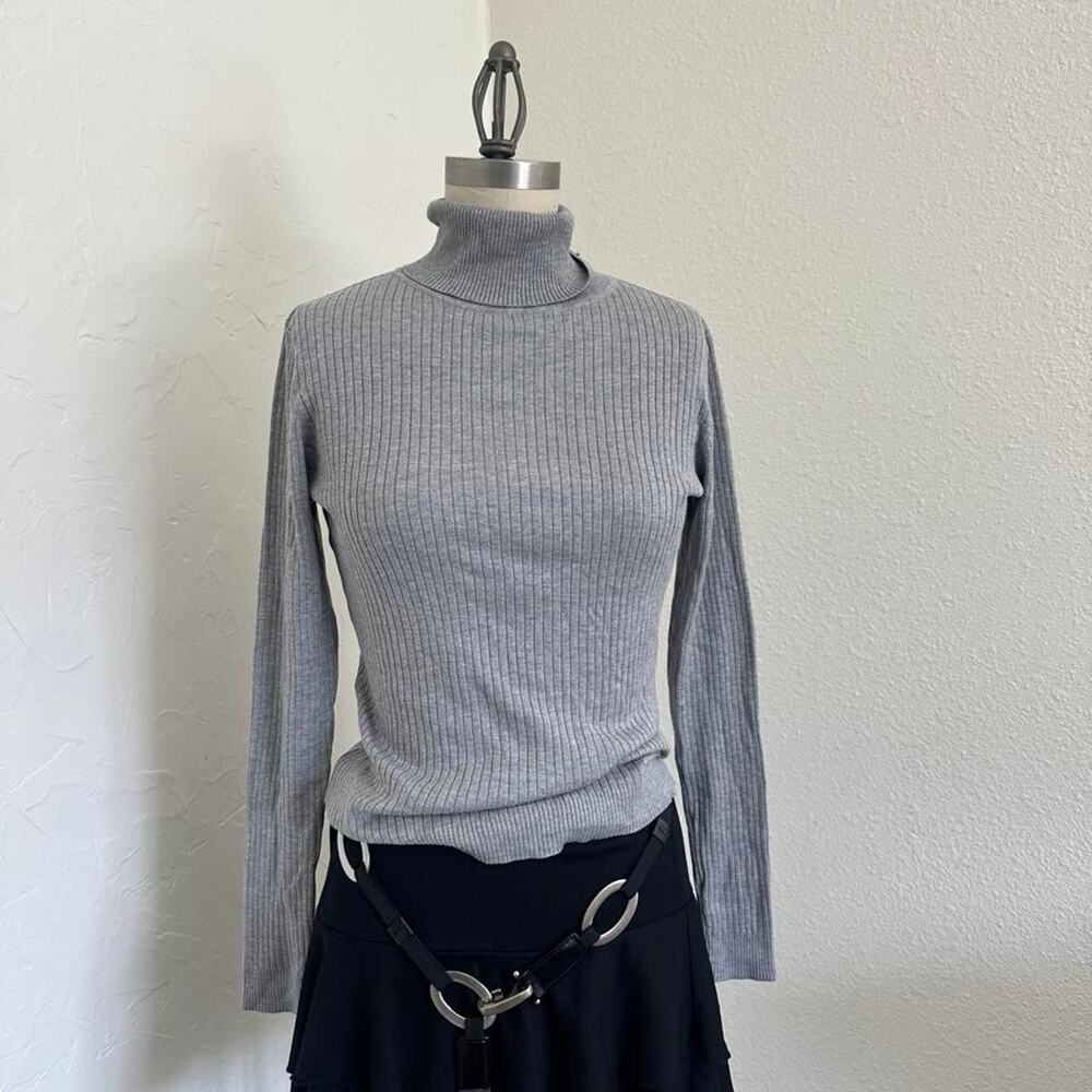 Chicos Womens 0 small Gray ribbed knit turtleneck long sleeve top silk blend
